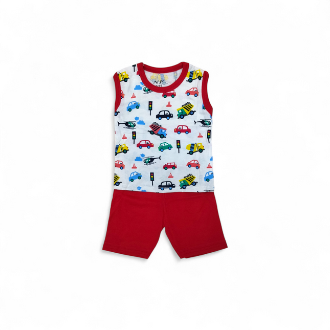Kids Sleeveless T-Shirt & Shorts Set – Vehicle Print (Red)