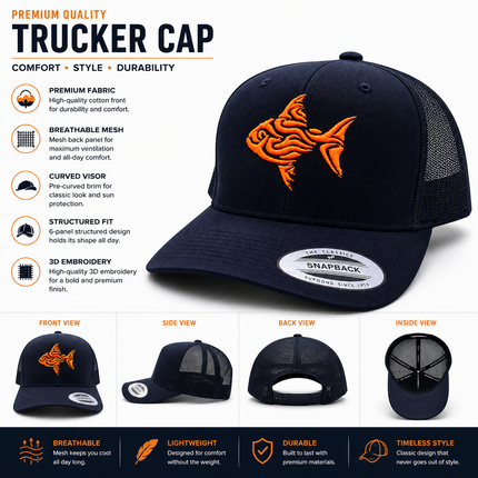 Premium Black Trucker Cap with Neon Orange 3D Embroidered Fish Logo | Baseball Mesh Cap