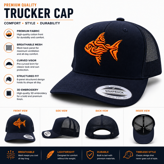 Premium Black Trucker Cap with Neon Orange 3D Embroidered Fish Logo | Baseball Mesh Cap