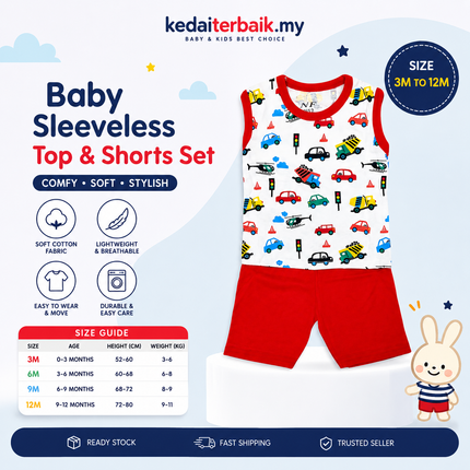 Kids Sleeveless T-Shirt & Shorts Set – Vehicle Print (Red)