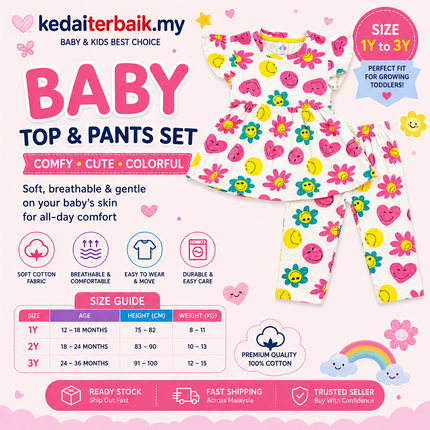 Smiley & Floral Print Baby Girl Set