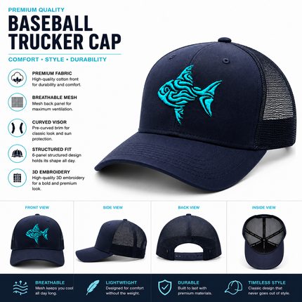 Premium Black Trucker Cap with Neon Blue 3D Embroidered Fish Logo | Baseball Mesh Cap