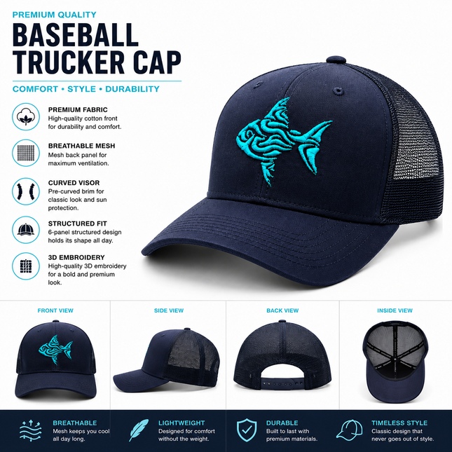 Premium Black Trucker Cap with Neon Blue 3D Embroidered Fish Logo | Baseball Mesh Cap