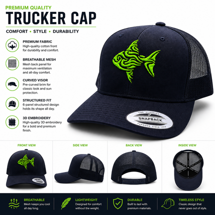 Premium Black Trucker Cap with Neon Green 3D Embroidered Fish Logo | Baseball Mesh Cap