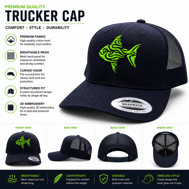 Premium Black Trucker Cap with Neon Green 3D Embroidered Fish Logo | Baseball Mesh Cap