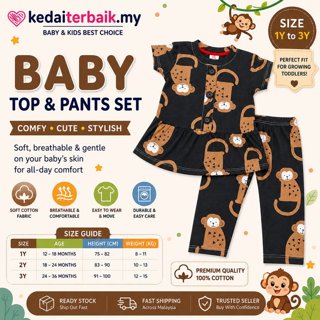 Cute Monkey Print Baby Set (Top & Pants)