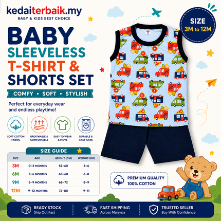 Kids Cartoon Vehicle Sleeveless Set