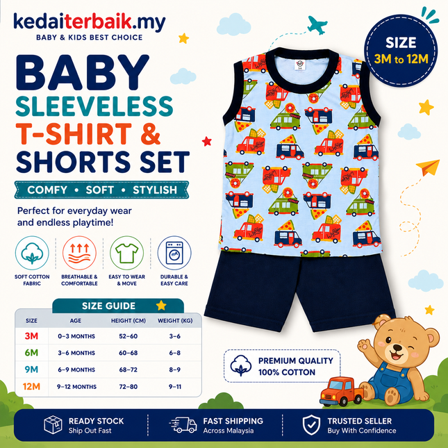 Kids Cartoon Vehicle Sleeveless Set
