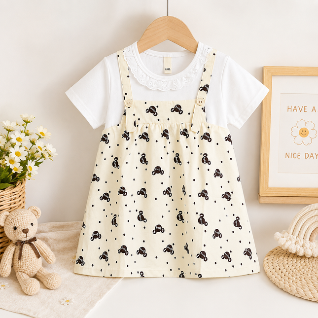 Baby Girl Dress Set Korean Style Cotton Princess Dress Kids Casual Outfit White Cream 1-4 Years