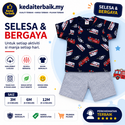 Cute fire truck–themed printed T-shirt Set