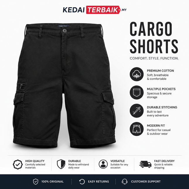 Men's Black Cargo Shorts – Multi Pocket Casual Outdoor Shorts
